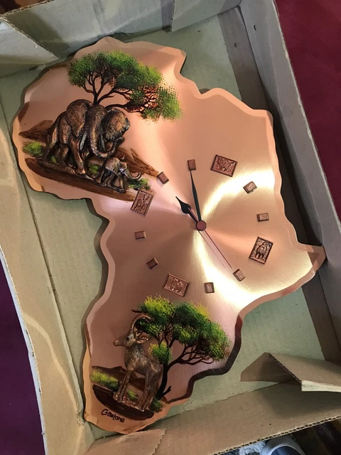 Vtg AFRICA GASTONE 3D Elephant Antelope Tribal Copper Wall CLOCK Works with BOX