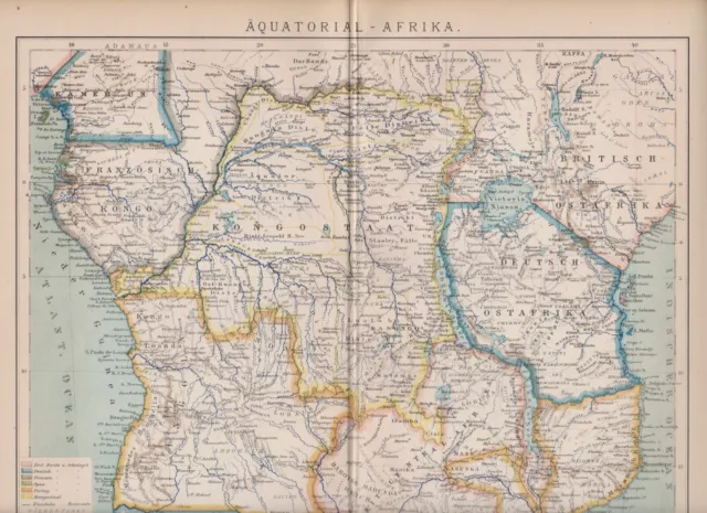 1899 AFRICA ANGOLA CONGO KENYA BURUNDI RWANDA TANZANIA MOZAMBIQUE Antique Map