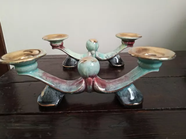 Vintage Mid-Century Drip Glaze Bay Keramik Pr of Double Candlestick Holders NEAT