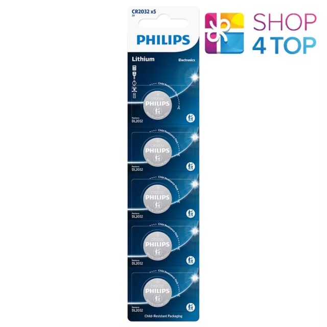 5 Philips CR2032 Lithium Batteries 3V Cell Coin Bouton 5BL Exp 2031 Août Neuf