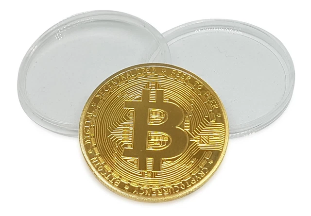 3er-Set Bitcoin Münzen – Vergoldet, Versilbert & Kupfern, 3,9cm, In Acryletui, Sammlerstück