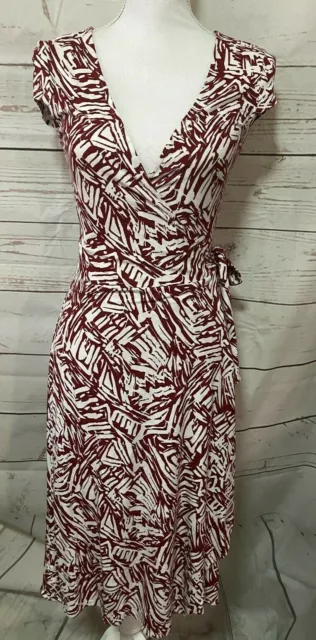 BCBGMAXAZRIA Adele Printed Wrap Dress Size S/M Red & White Cap Sleeves Stretch