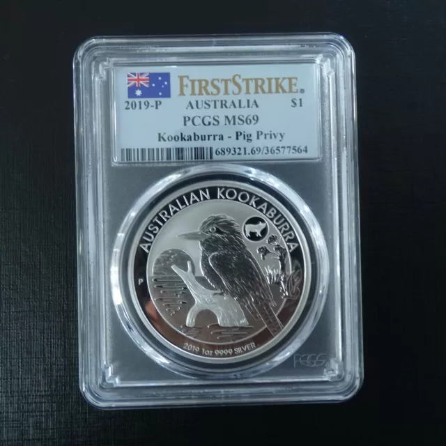 Australia 1$ Kookaburra 2019 privy Pig MS69 silver 99.9% 1 oz in a SLAB (argent)