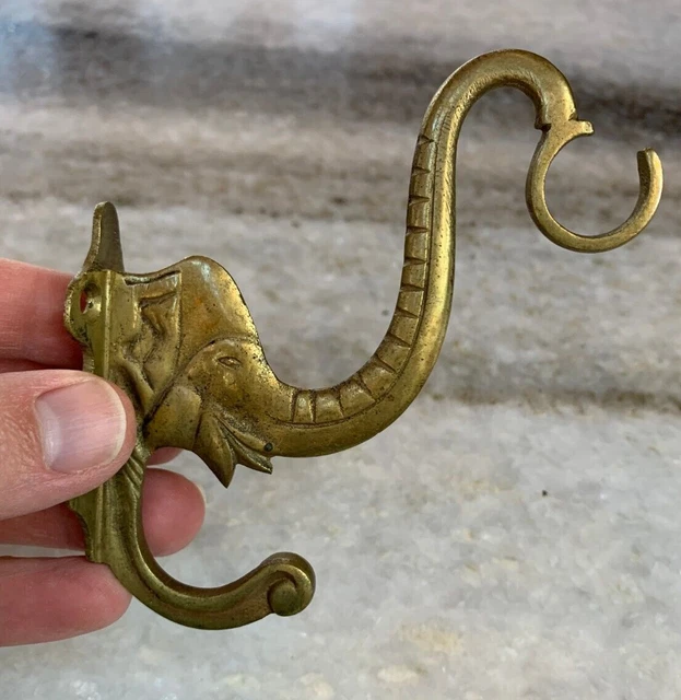 Antique Vintage Ornate Solid Brass Hanger / Hook w/Elephant Casting 4" Inches