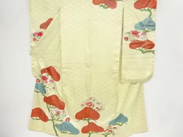 09505# Japanese Kimono / Antique Furisode / Embroidery / Pine