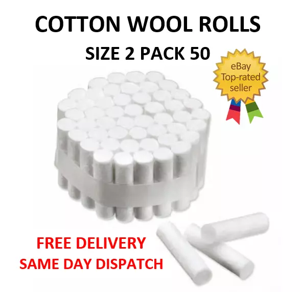 Cotton Wool Rolls Size 2 White Dental/Sport Gum/Nose Bleed Plugs (Pack 50)