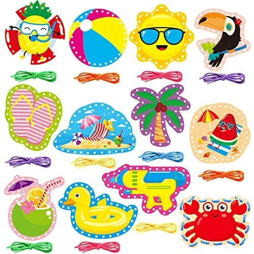 Summer Lacing Cards Sewing Cards 12 Pack Beach Theme Pool Party Decoration Do...