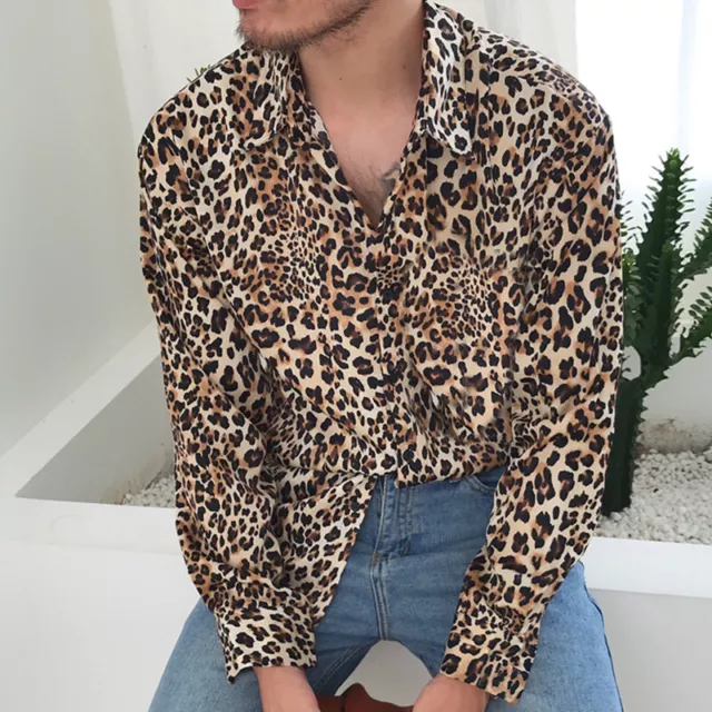 Tops Men Long Sleeve Leopard Printed Shirt Beach Casual Hawaiian T Shirt Blouse