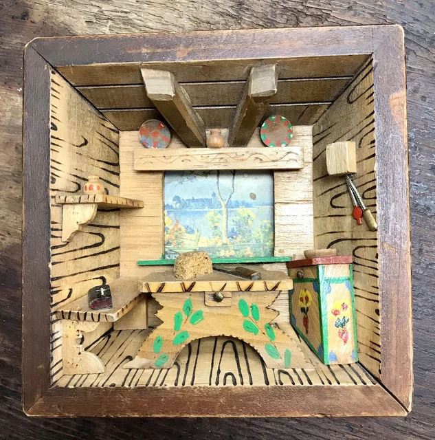 VINTAGE GERMAN FOLK Art BAVARIAN / ALPINE Kitchen Shadow Box DIORAMA 3D