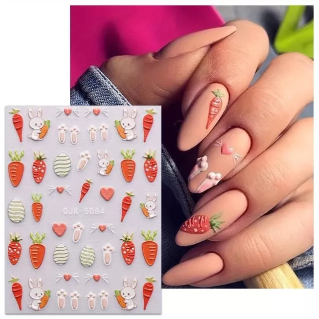 5D Nail Art Stickers Decals Embossed Easter Bunny Rabbit Paws Carrots Hearts Q84