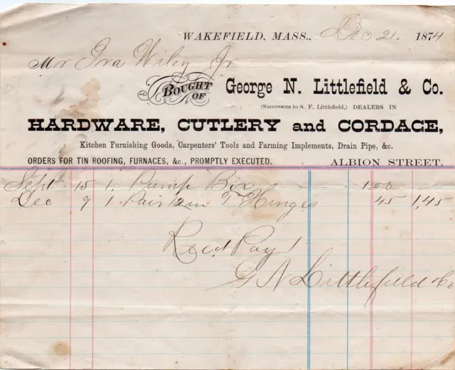 Vintage 1874 George N. Littlefield & Co Hand Signed Letterhead - Wakefield Mass