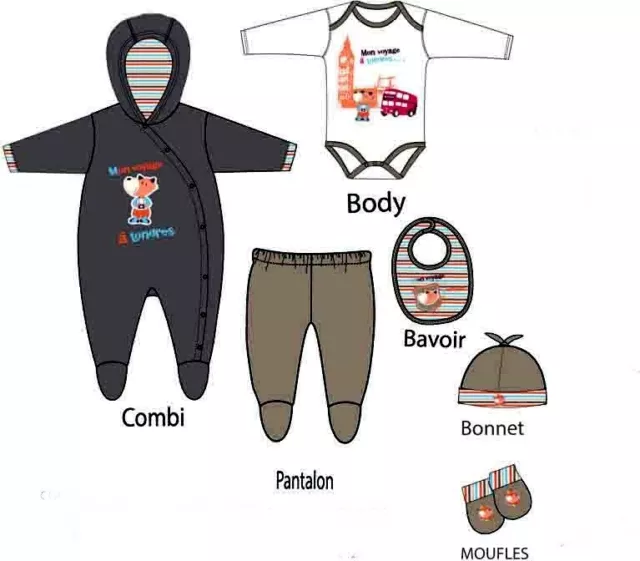 Pack Naissance Ensemble Vetements Combi+Body+Pantalon+Bonnet+Bavoir+Moufle Beige