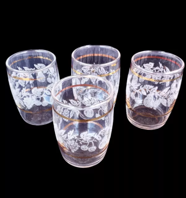 4 Bartlett Collins Juice Glasses 5oz Frosted Grapevine Cherries Fruit Gold Trim
