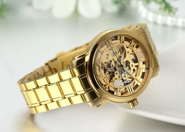Men's Luxury Skeleton Automatic Mechanical Stainless Steel Gold Tone Wrist Watch 2