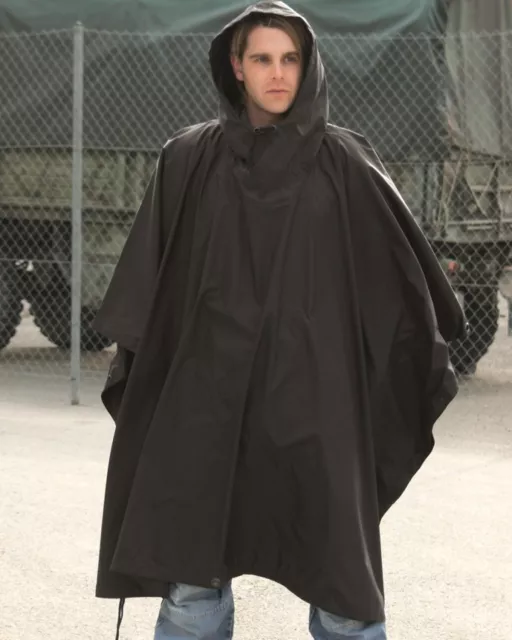 New Plain Black Waterproof Hooded Ripstop US Army Poncho