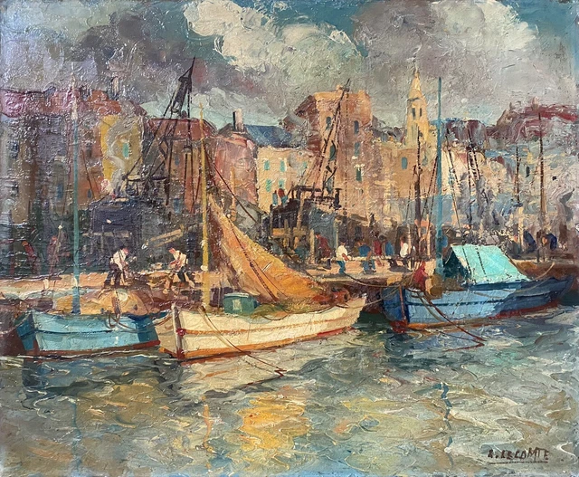 Tableau expressioniste ancien bateaux au port Marine  peinture signée  Lecomte