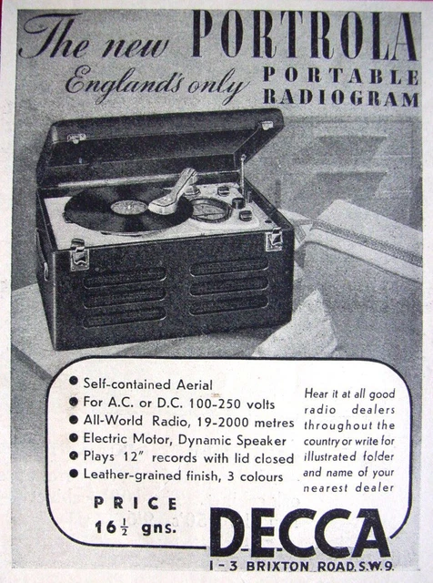 DECCA PORTROLA PORTABLE Radiogram Art Deco Advert: Original Small 1937 ...