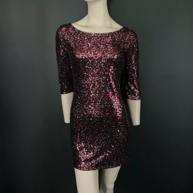 Exhibit Sequin Dress 10 Womens Purple Cut Out Strappy Back Mini 3/4 Sleeve Party