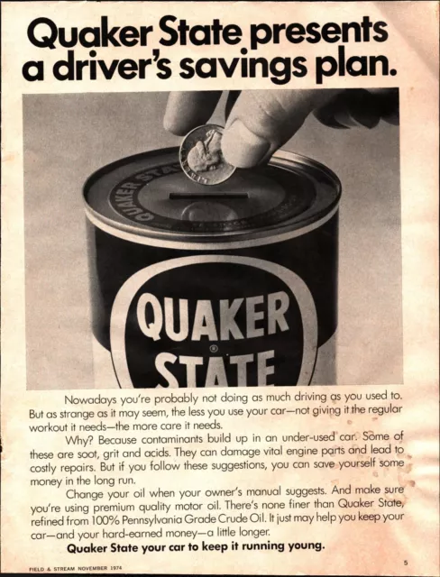 Vintage 1974 Quaker State Motor Oil Print Ad “Savings Plan” NOSTALGIA A4