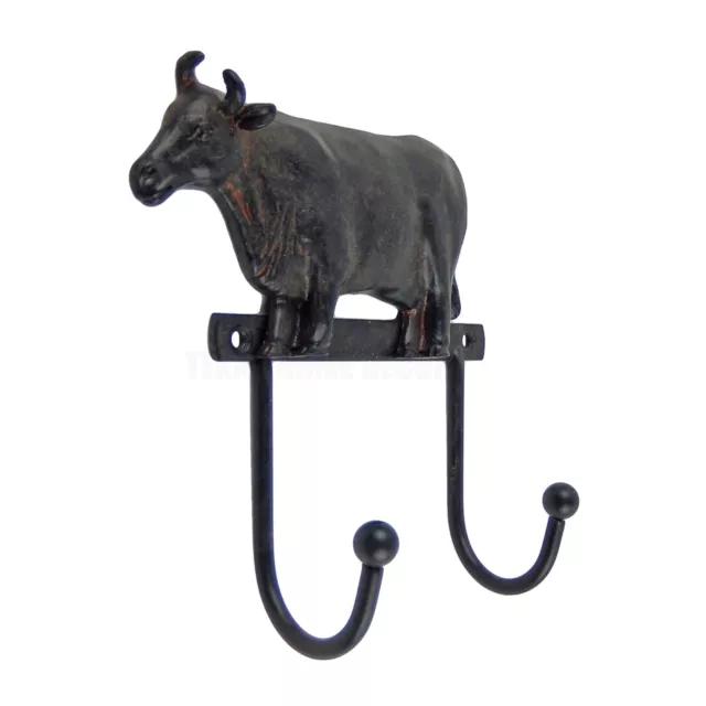 Metal Cow Double Wall Hook Key Towel Coat Hanger Wrought Iron Rustic Brown