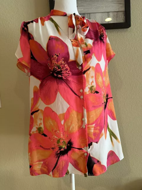 Worthington Women’s White/Pink/Orange Floral Button Up Blouse w/Neck Tie - Sz XL