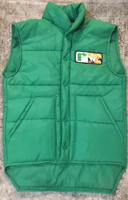 VTG 70s Farmers Green Puff Puffer Vest SMALL Nylon Feed & Seed Patch Dairy Cow