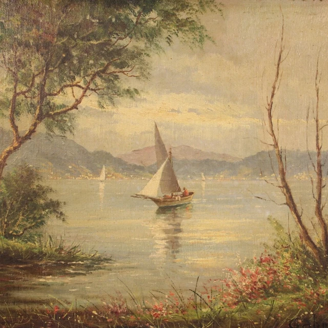 Paysage signé tableau vue lac style ancien huile toile peinture 20ème siècle