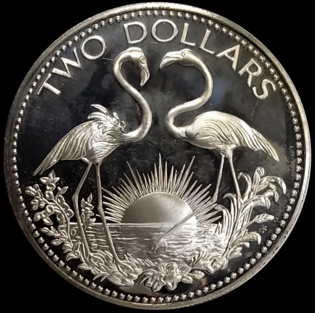 Unc 1974 Fm Proof Bahamas Two Flamingos $2 Silver Ultra Cameo # 0269