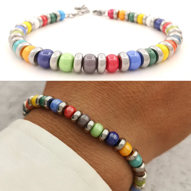BRACCIALE DA UOMO con pietre in vetro colorato acciaio braccialetto perline EUR 23,00 - IT