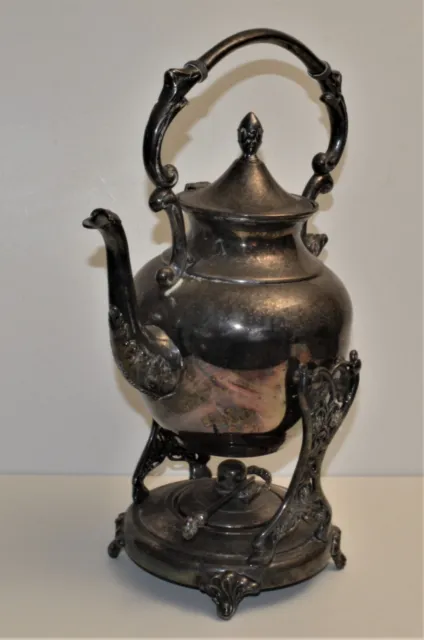 Antique Silver on Copper Teapot on Tilting Stand with a Burner Made in England.