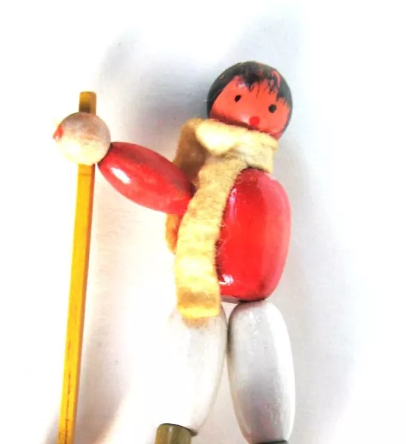 🐸 VTG Wooden THUMB PUPPET SKIER SKI Push Button Collapsible Toy Made In Italy