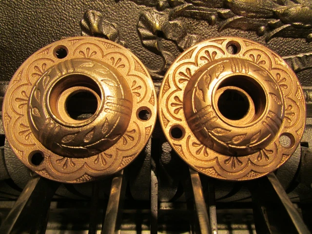 ANTIQUE DOOR HARDWARE: SET OF ORNATE SOLID CAST BRONZE ROSETTES (2) C. 1890s