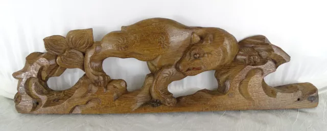 19.5" Antique French Hand Carved Wood Solid Oak Pediment - Animal   19th