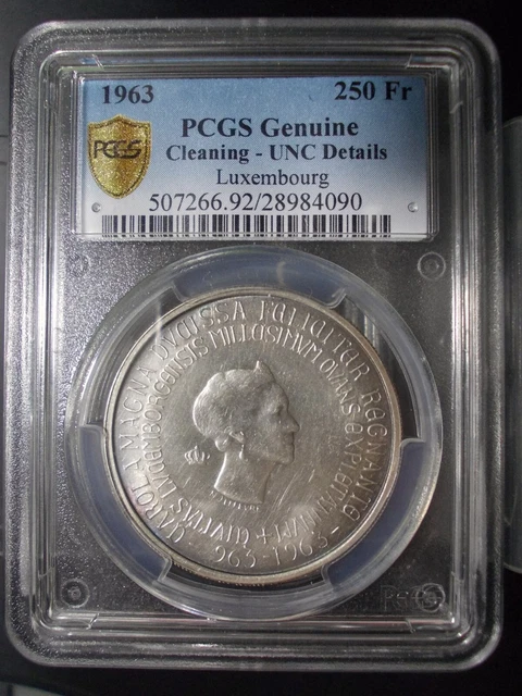 Luxembourg 1963 250Fr PCGC Genuine UNC Detail Silver Coin