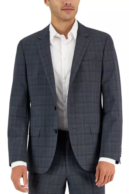 Hugo Boss Mens Henry Slim-Fit Wool Plaid Suit Jacket 46 Regular Dark Grey - NWT