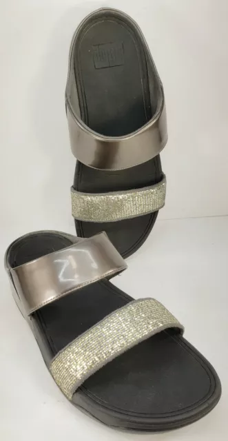 FitFlop Lulu Superglitz Slide Sandal Women's Sz 9 Pewter with Rhinestoned Straps