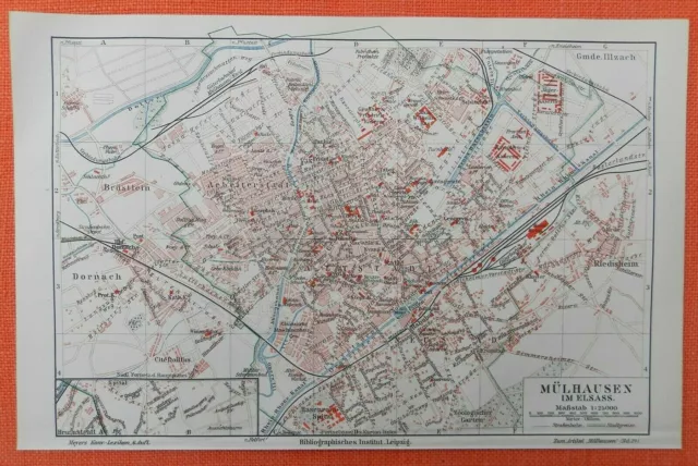 Mülhausen Mulhouse Elsass Dornach Brüsttein  historischer Stadtplan 1909 Straßen