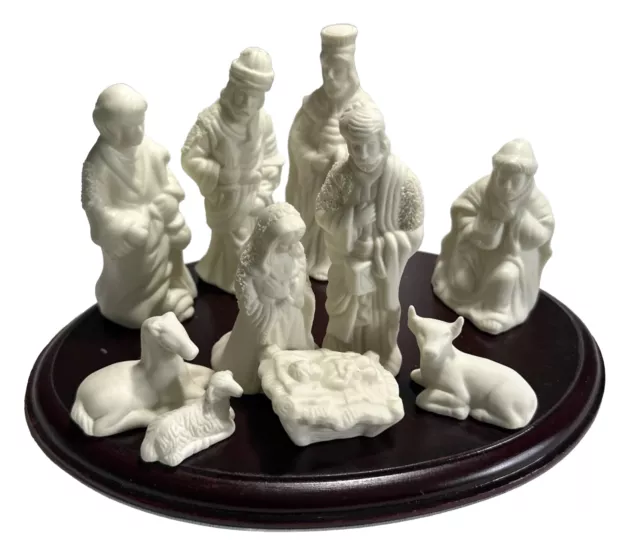 Vintage World Bazaar 11 Piece Nativity Set Wood Base Bisque Figurines In Box