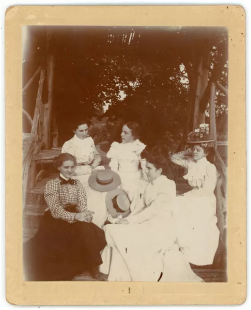 CIRCA 1890'S Named CABINET CARD 5 Beautiful Women Victorian Dresses Sit Outside