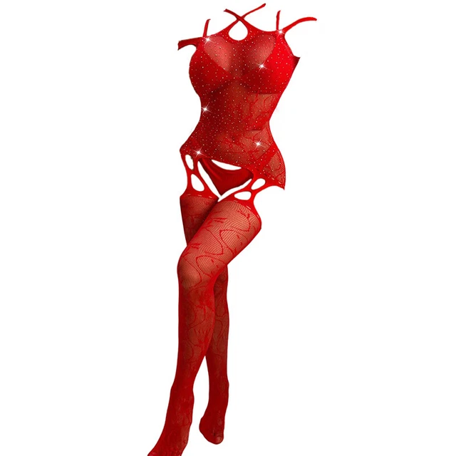 Bodystu Donna Sexy Fishnet Calze Strass Lingerie Sexy Costu-qi -H7