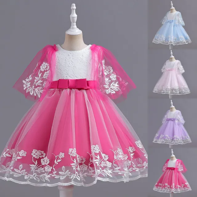 Girls Lace Short Sleeve Round Neck Dress Childrens Floral Printed Party Dresses