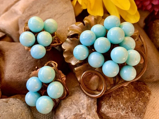 Authentic Antique Art Nouveau Blue Art Glass Bead Bronze Brooch & Earrings SET