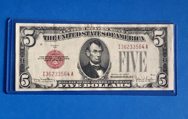 1928 F  $5 FIVE DOLLAR UNITED STATES  BANKNOTE  RED SEAL  VF+ ON SALE!!  (c308)