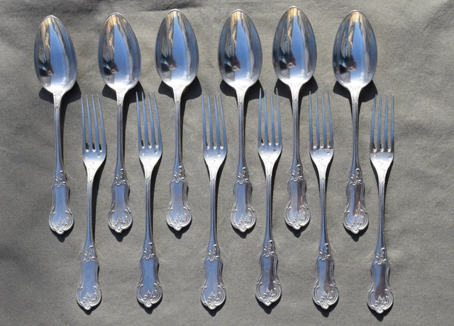 6 COUVERTS DE TABLE EN ARGENT MASSIF MINERVE (12 pces) rocaille Louis XV