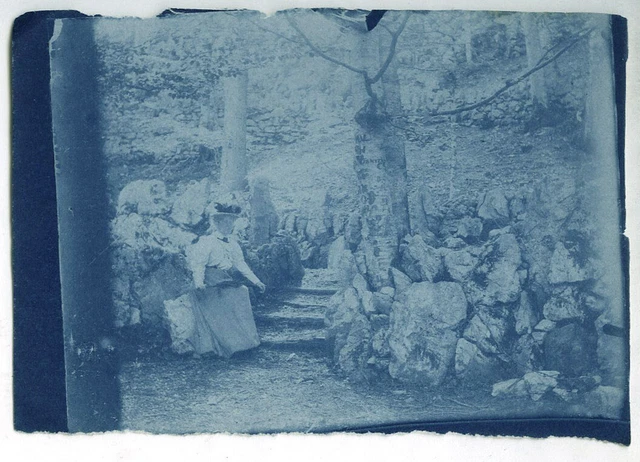 PHOTO Cyanotype portrait woman circa 1900 garden dress fashion umbrella rock tree