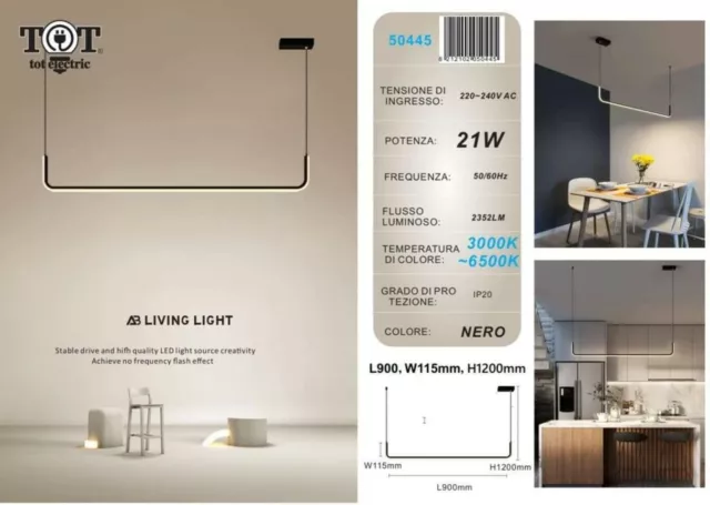 Lampadario a sospensione led 21w lineare orizzontale design moderno nero