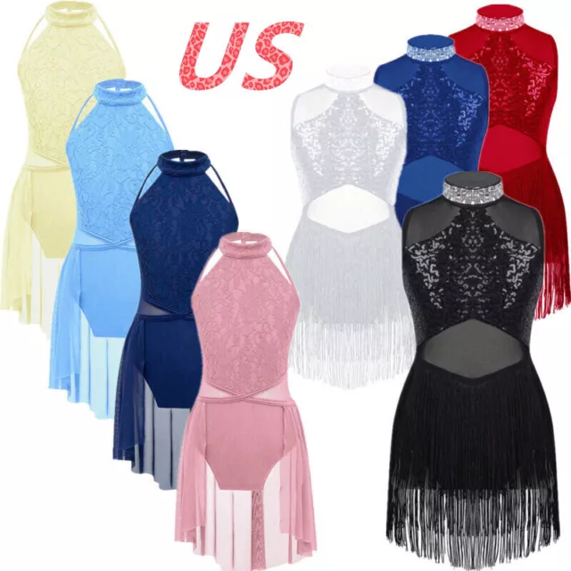 US Kids Girls Chiffon Lyrical Modern Dance Dress Sequin Ballet Leotard Costume