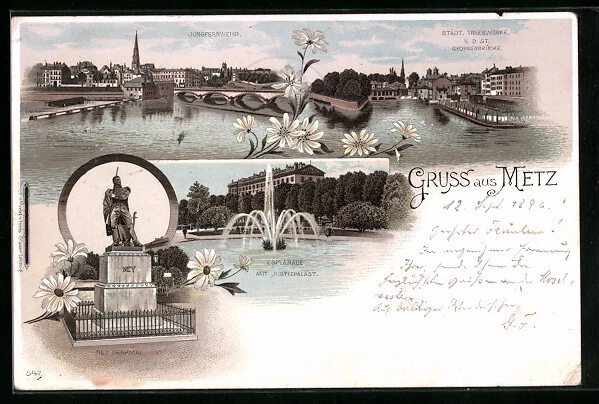Lithographie Metz, Jungfernwehr, Ney-monument et Esplanade avec Justizpalast