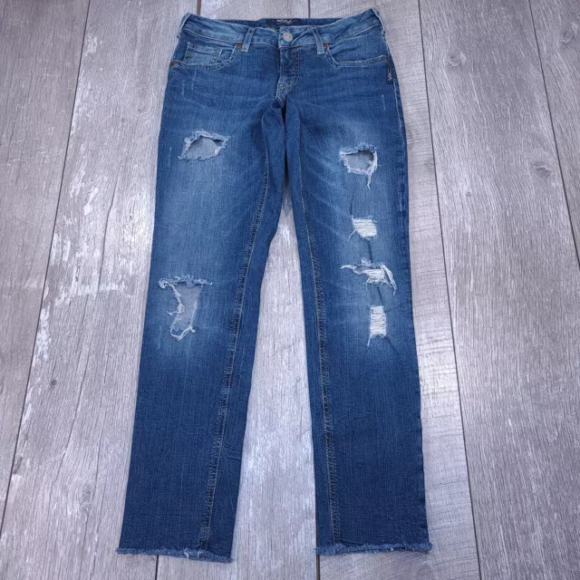 Silver Jeans Women Sam Boyfriend 26x26 Distressed Blue Denim Slim Pants Mid Rise