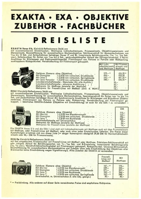 IHAGEE Preisliste von 1964* EXAKTA EXA Kamera Objektive Zubehör Fachbücher Y2155